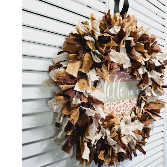 Hello There Shades of Brown Fabric Rag Wreath Door Decor Shabby Chic Decor 18" - Picture 4 of 13